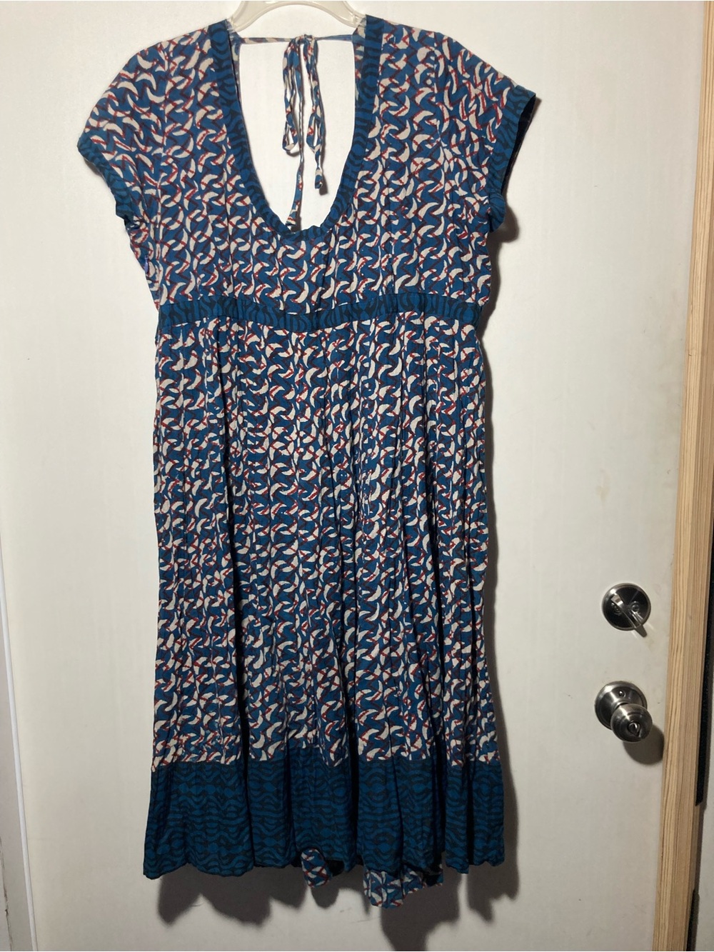 Yaza Midi Cotton Dress V-Neck Back Neck Tie Short Cap Sleeves Size M/L